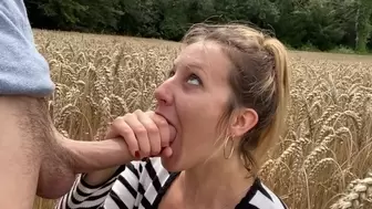 Femme salope improvise une pipe à son mec dans un champs de blé