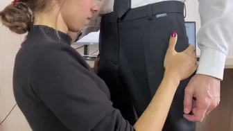 The secretary sucks the boss's dick and he cums on her dress