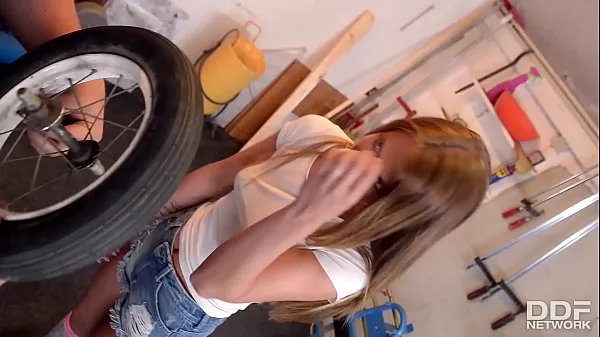 Sexy Teen in Knee High Socks Rides Cock in a Repair Shop