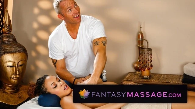 Naughty massage: Ebony in heat fucked by a cunning masseur